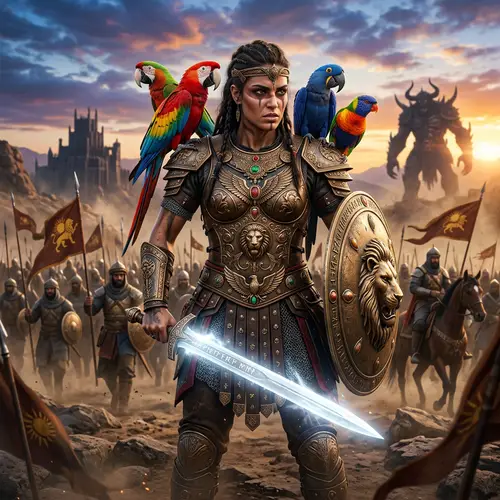 Middle-Eastern War Goddess with Rainbow Parrots - Battle Preparation