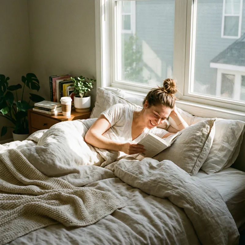Woman Relaxing in Bed - Comfort and Rest