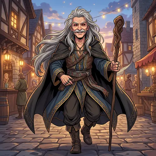 Charismatic Elderly Man with Mustache and Long Grey Hair | Anime Style