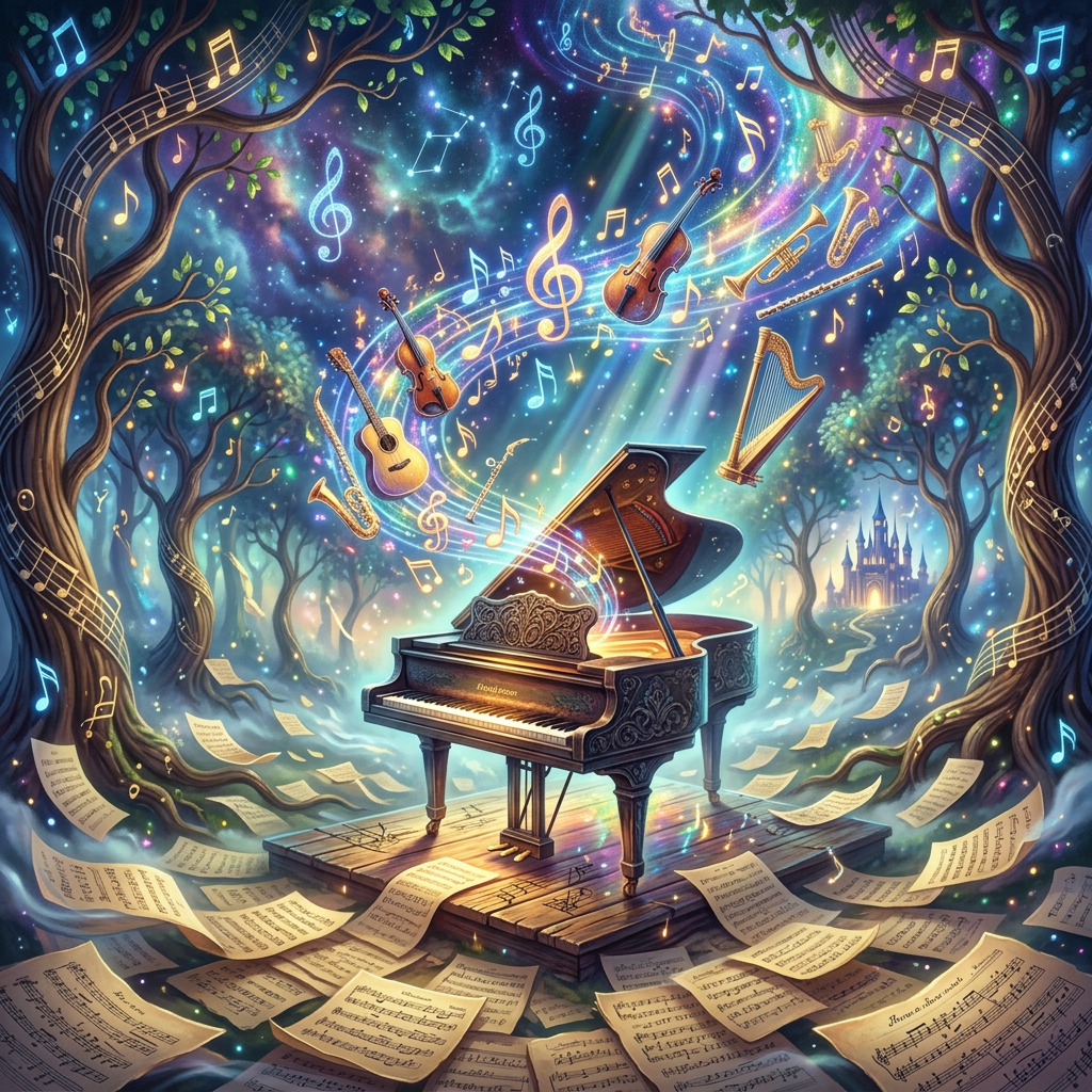 Dreamy Music Image with Grand Piano and Musical Instruments | AI