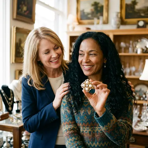 Elegant Women Showcasing Pearl Brooch