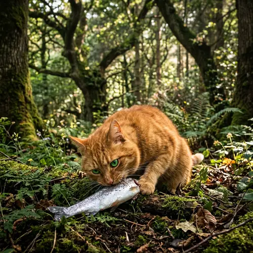 Ginger Cat with Green Eyes Eating Fish in Enchanted Woods