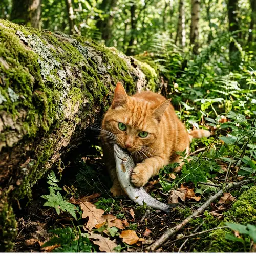 Ginger Cat with Green Eyes Eating Fish in Enchanting Woodland