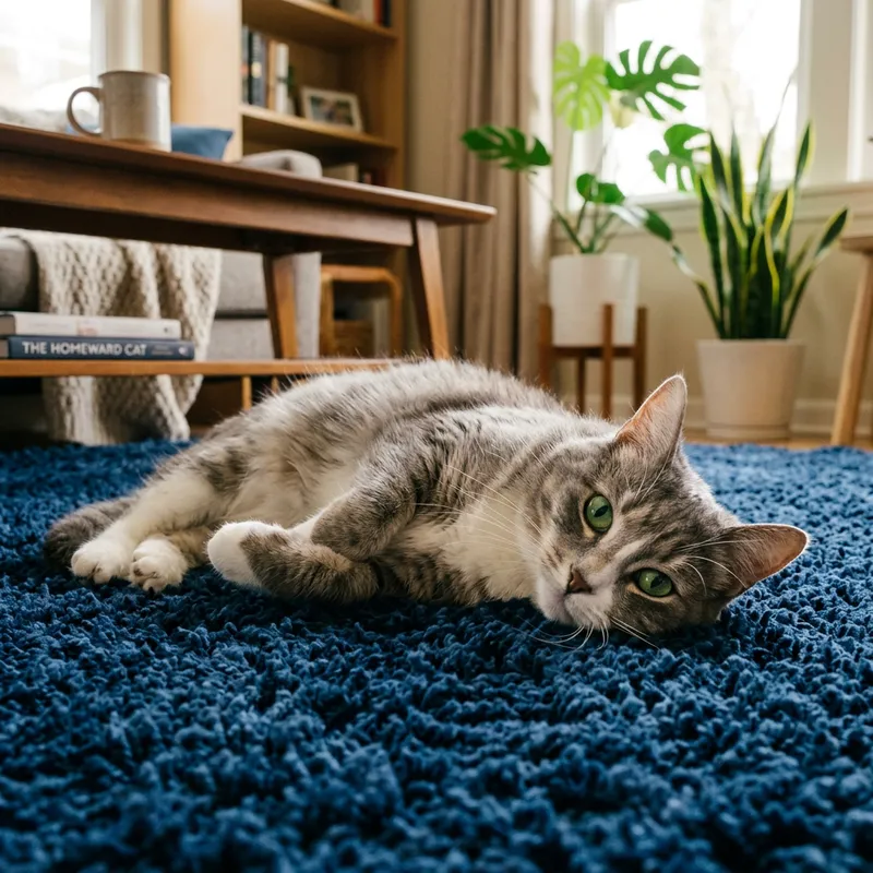 Calm and Serene Cat Relaxing on Plush Carpet