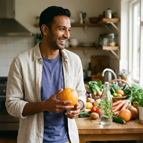 Healthy South Asian Man Holding Bright Orange | Fresh Lifestyle
