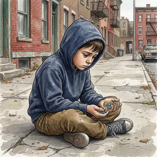 Sad Boy Holding Marbles | Urban Residential Scene Illustration