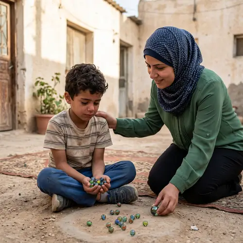 Middle-Eastern Boy and Mother Playing Marbles: Shared Moment of Joy