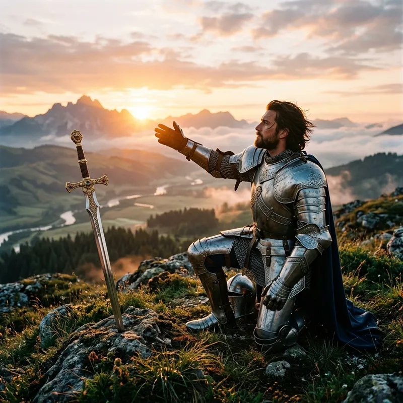 Knight Kneels at Sunrise Reaching for the Sun