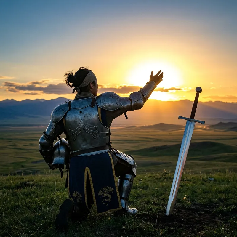 The Knight's Devotion: Kneeling Before the Sun