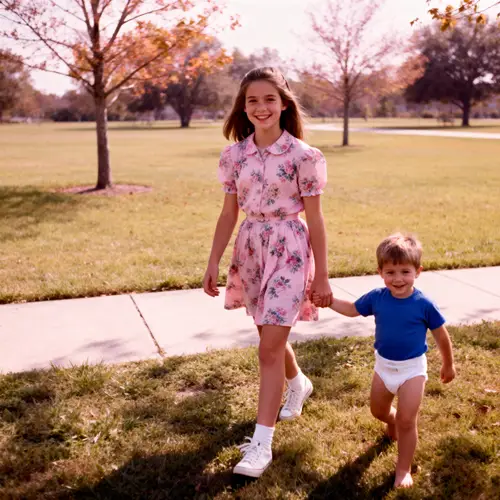 1985 Retro Park Scene: Teen Girl and Her Brother