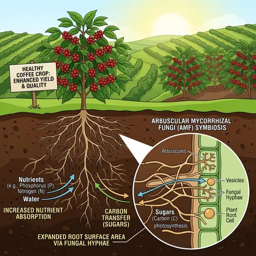 Verdant Coffee Plantation with Arbuscular Mycorrhizal Fungi | Healthy Crop Illustration