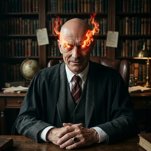 Sinister Caucasian Male Professor with Flaming Eyes