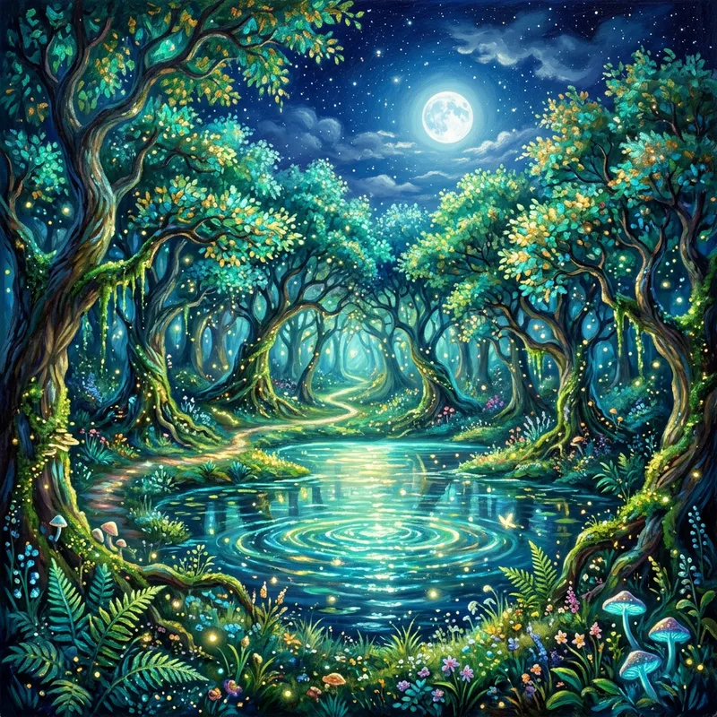 Enchanted Forest with Glowing Lake | Vibrant Art