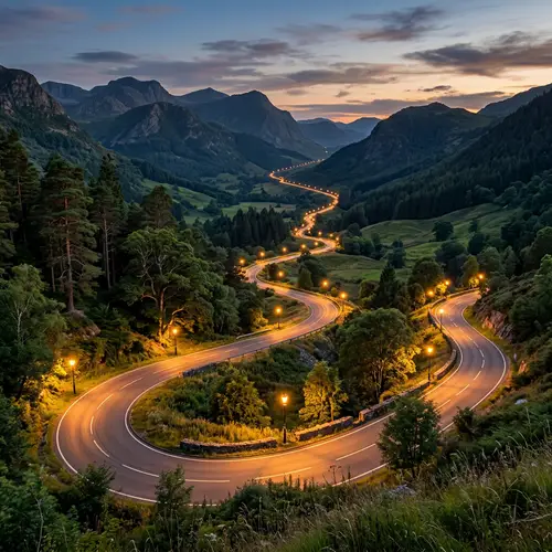 Serene Road with Lights: Nature Meets Tranquility