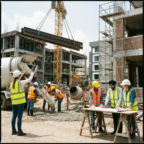 Diverse Industrial Workers on Construction Site | Hard Hats, Machinery