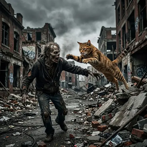 Fearless Cat Battles Zombie in Urban Decay