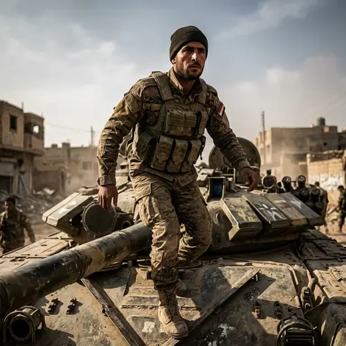 Intense Middle-Eastern Soldier on Tank | Courage & Resolution