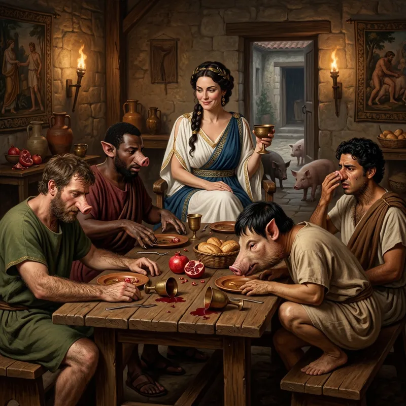 Circe's Sorcery: Men's Metamorphosis into Pigs in Mythical Scene