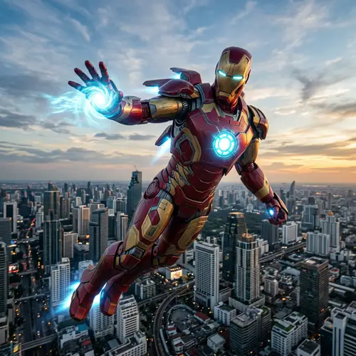 Crimson & Gold Armored Robot Soaring High | Energy Blast