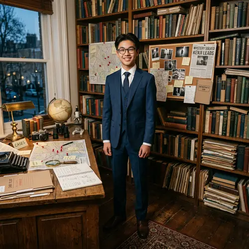 Young Asian Teenager in Dark Blue Suit | Mystery-Solving Room