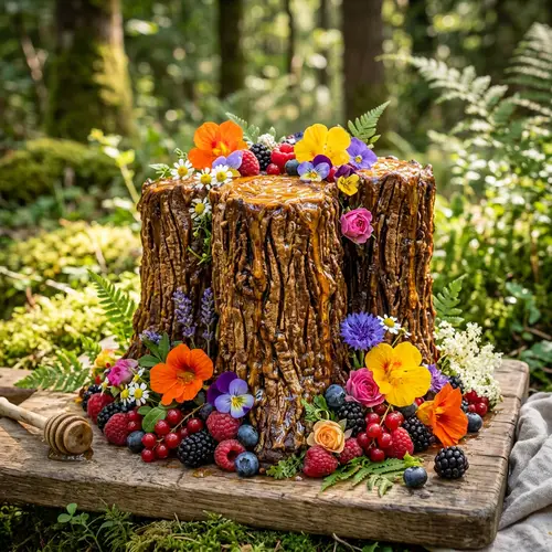 Dense Honey Cake in Tree Trunk Form | Edible Flowers & Berries