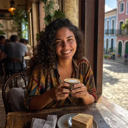 Joyful Brazilian Woman in Recife Cafe