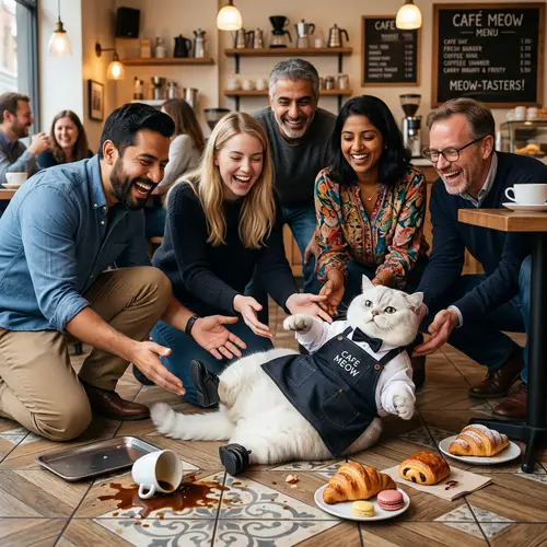 Humorous Cafe Scene with Fluffy British Cat Waiter Mishap