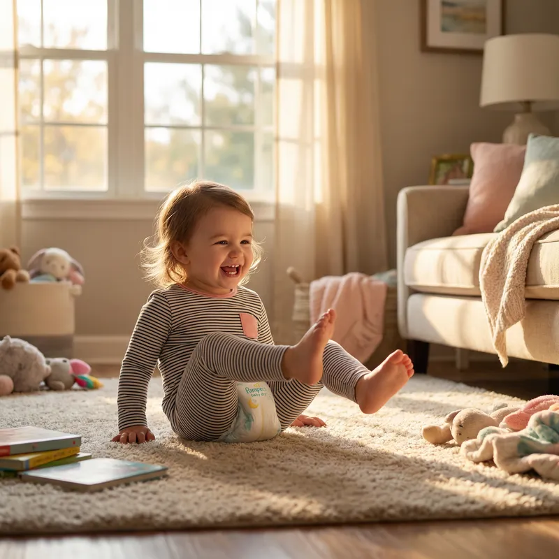 Joyful Toddler Girl in Inflated Pampers Baby Dry Diaper Moment