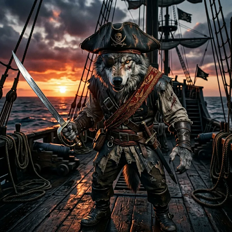One-Eyed Pirate Wolf with Sword - Epic Fantasy Art