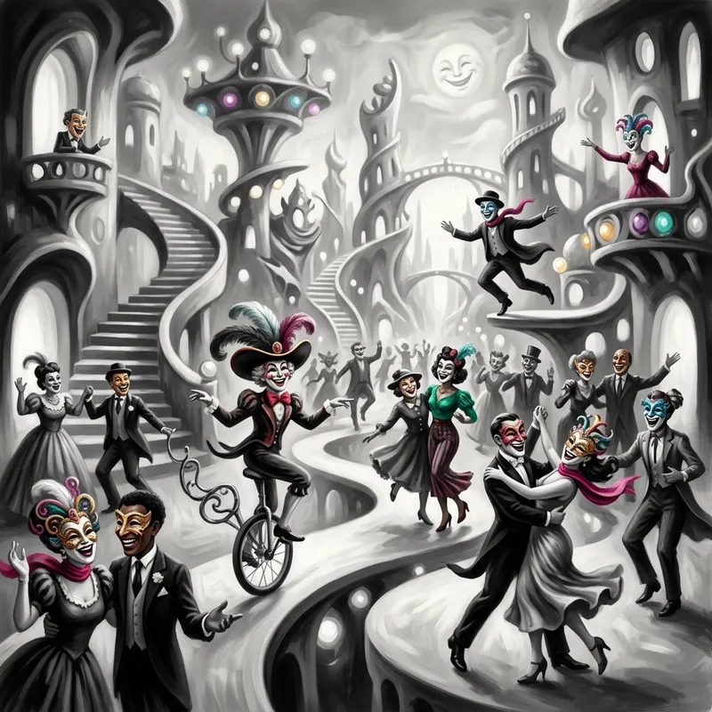 Whimsical Masked Utopia: Surrealistic Society of Vibrant Contrasts