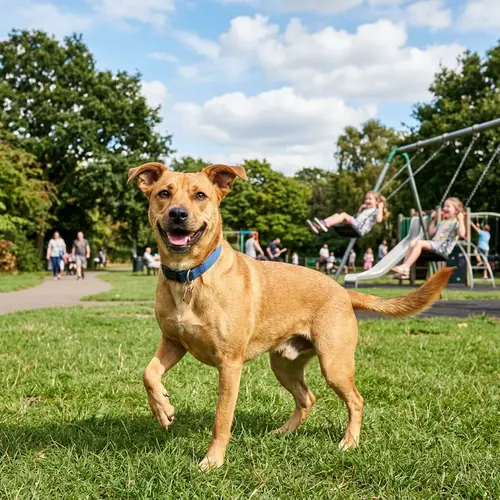 Playful Mid-Sized Fawn Dog in Sunny Park