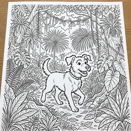 Black and White Dog in Rainforest Coloring Book