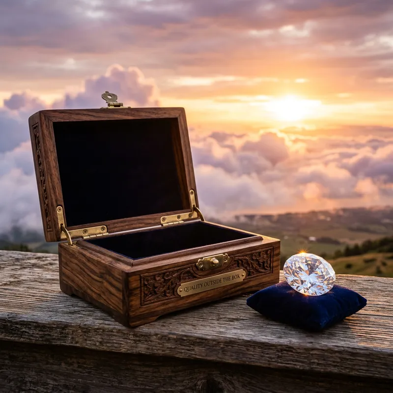 Quality Outside the Box - Wooden Box with Shining Diamond