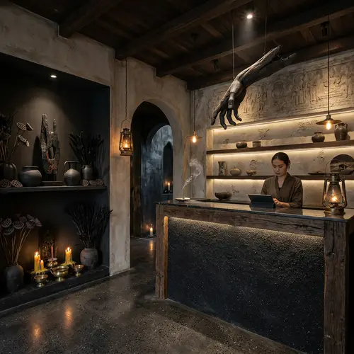 Unique Beach-inspired Reception Counter with Haunting Elements