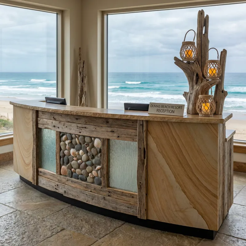 Beach-Themed Reception Desk Design | Driftwood & Sandstone