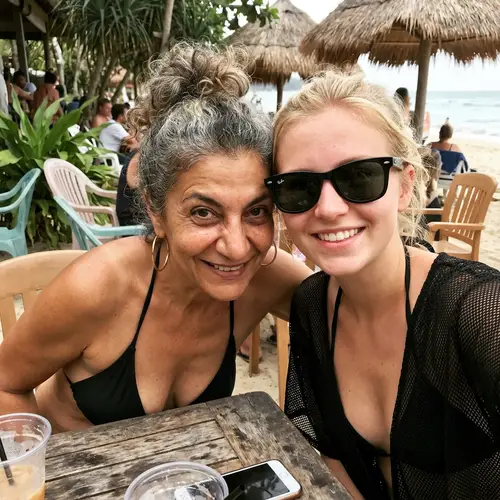 Tropical Beach Cafe Selfie: Two Unique Women
