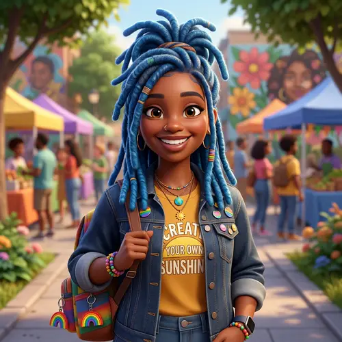 3D Cartoon African American Female with Blue Dreads