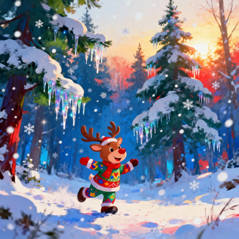 Whimsical Reindeer Mascot in a Festive Winter Scene