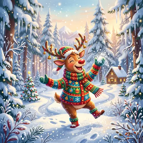 Whimsical Reindeer Mascot in a Festive Winter Scene