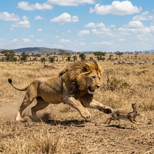 Lion and Rabbit Playful Chase in Savannah - Exciting Wildlife Encounter