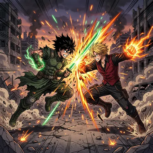 Intense Anime-Style Battle Scene with Black-Haired and Blonde Characters