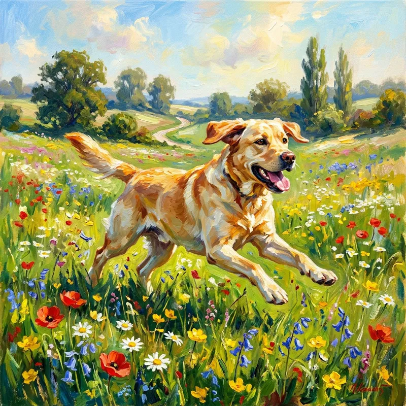 Playful Labrador Running in a Sunlit Meadow Playful Labrador Running in a Sunlit Meadow