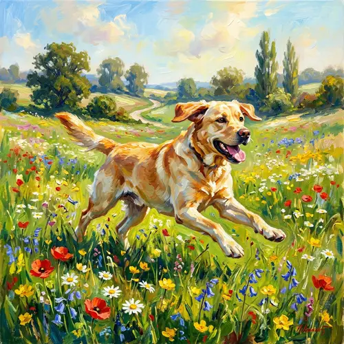Playful Labrador Running in a Sunlit Meadow