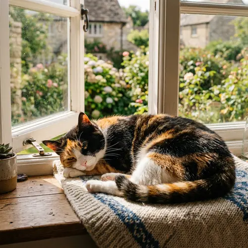 Calico Cat Basking in Sunlight on Window Sill