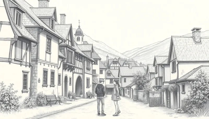 Charming Village Scene in Pencil Drawing Style Charming Village Scene in Pencil Drawing Style