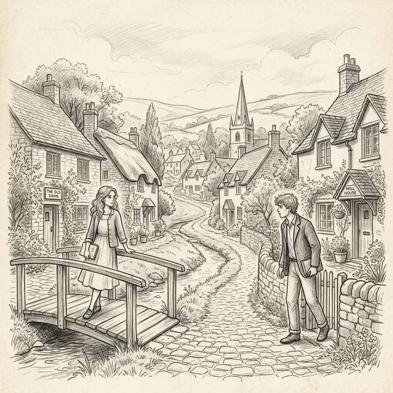 Charming Village Scene in Pencil Drawing Style