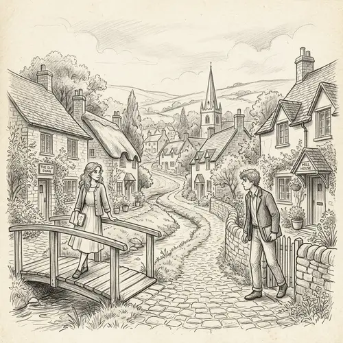 Charming Village Scene in Pencil Drawing Style