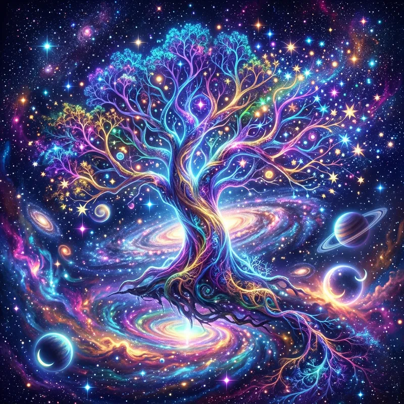 Vibrant Cosmic Tree: Dreamlike Universe in Neon Colors