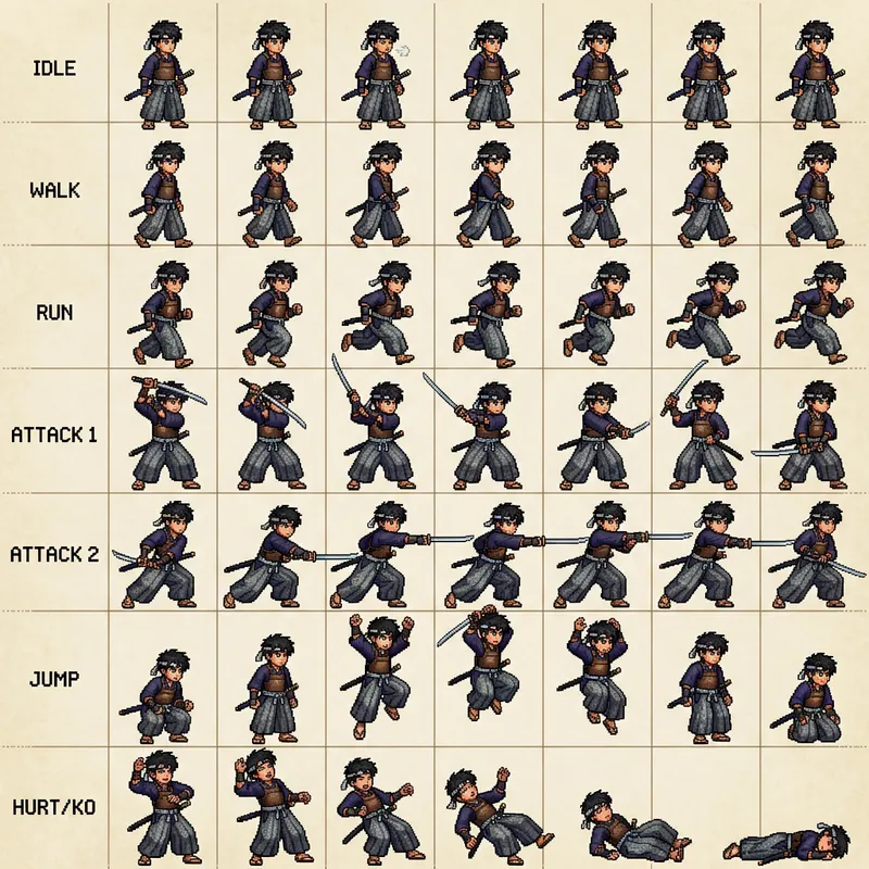 Young Teen Warrior Sprite Sheet - Feudal Japan Style Young Teen Warrior Sprite Sheet - Feudal Japan Style
