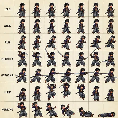 Young Teen Warrior Sprite Sheet - Feudal Japan Style